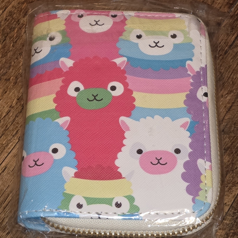 Kids Zip Wallet with Rainbow Llama Print - Pink